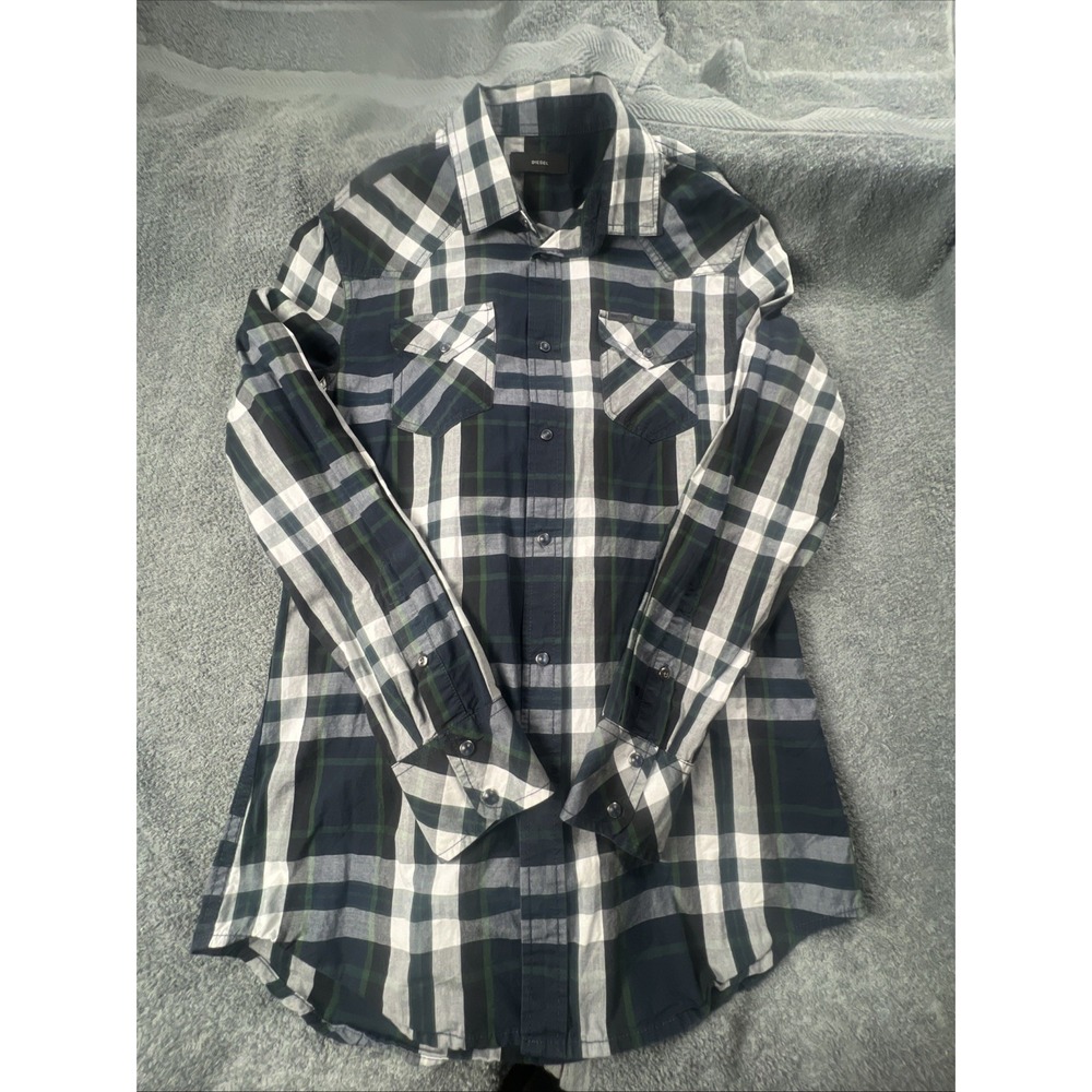 Diesel Shirt Mens Size M Green Grey Check Western Cowboy‎ Pearl Snap Long Sleeve